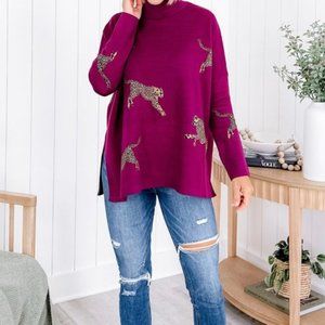 Entro Pink Turtleneck with Cheetahs Sweater Medium NWT